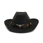 HOAREE Men Hat Cowboy Western Straw Panama Hat Belt Cow Decorate Wide