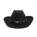 HOAREE Men Hat Cowboy Western Straw Panama Hat Belt Cow Decorate Wide