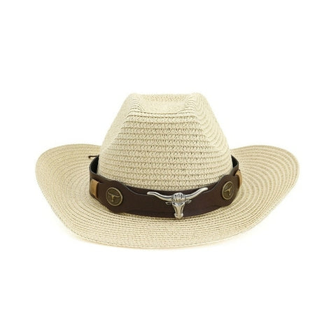 HOAREE Men Hat Cowboy Western Straw Panama Hat Belt Cow Decorate Wide