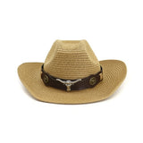 HOAREE Men Hat Cowboy Western Straw Panama Hat Belt Cow Decorate Wide