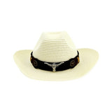 HOAREE Men Hat Cowboy Western Straw Panama Hat Belt Cow Decorate Wide
