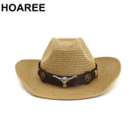 HOAREE Men Hat Cowboy Western Straw Panama Hat Belt Cow Decorate Wide