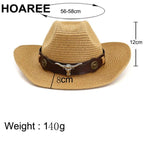 HOAREE Men Hat Cowboy Western Straw Panama Hat Belt Cow Decorate Wide