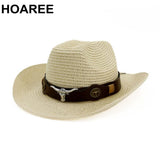 HOAREE Men Hat Cowboy Western Straw Panama Hat Belt Cow Decorate Wide
