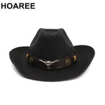 HOAREE Men Hat Cowboy Western Straw Panama Hat Belt Cow Decorate Wide