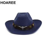 HOAREE Men Hat Cowboy Western Straw Panama Hat Belt Cow Decorate Wide