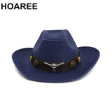 HOAREE Men Hat Cowboy Western Straw Panama Hat Belt Cow Decorate Wide