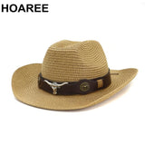 HOAREE Men Hat Cowboy Western Straw Panama Hat Belt Cow Decorate Wide