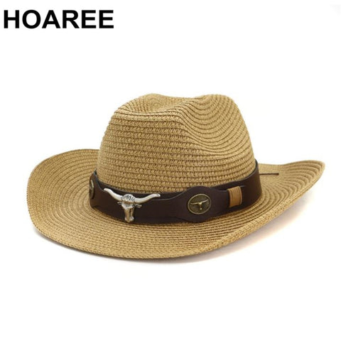 HOAREE Men Hat Cowboy Western Straw Panama Hat Belt Cow Decorate Wide