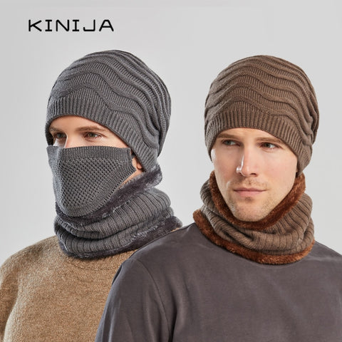 Winter fashion men hat scarf mask set outdoor cycling plush thick warm